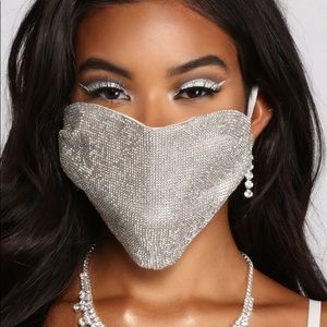 WHITE RHINESTONE FACE MASK WITH EARLOOPS